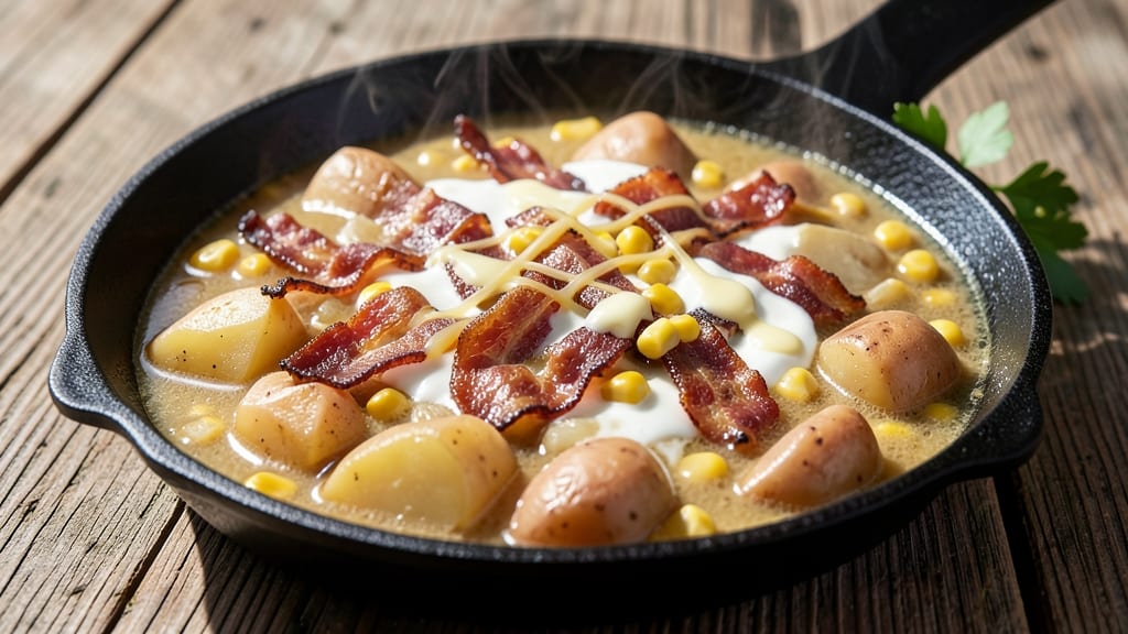 Old Fashioned Corn and Potato Chowder Recipe: Smoky Bacon and Cheddar Velvety Richness